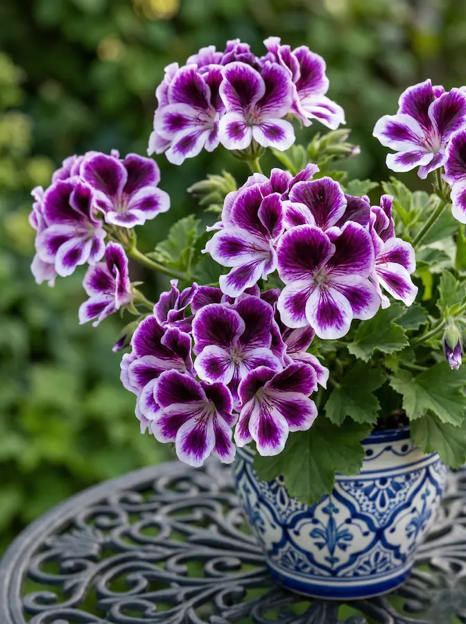 pelargonio grandiflora en maceta de cerámica sobre mesa de forja