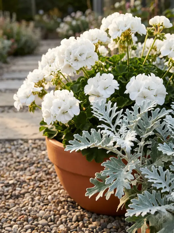 geranio zonale blanco en cuenco de barro