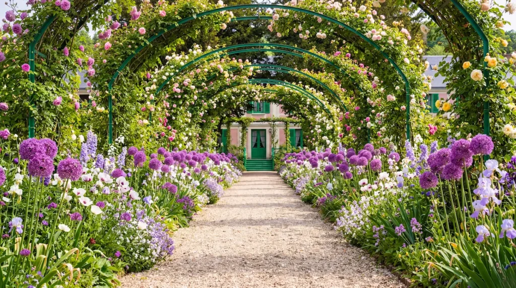 Esta toma captura la esencia del diseño impresionista de Monet, utilizando la vegetación como una estructura arquitectónica viva.