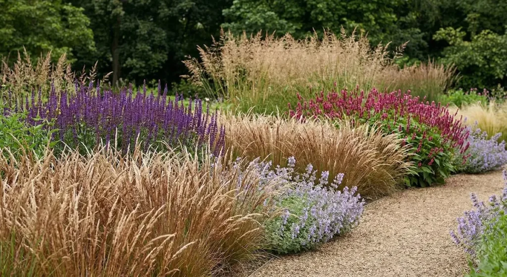 Sendero de jardín bordeado por gramíneas bajas que suavizan el camino de piedra.