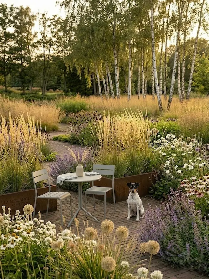 diseño de capas: en primer plano, las gramíneas ornamentales de espigas ligeras se mezclan con inflorescencias blancas y las esferas estructurales de los Allium secos.