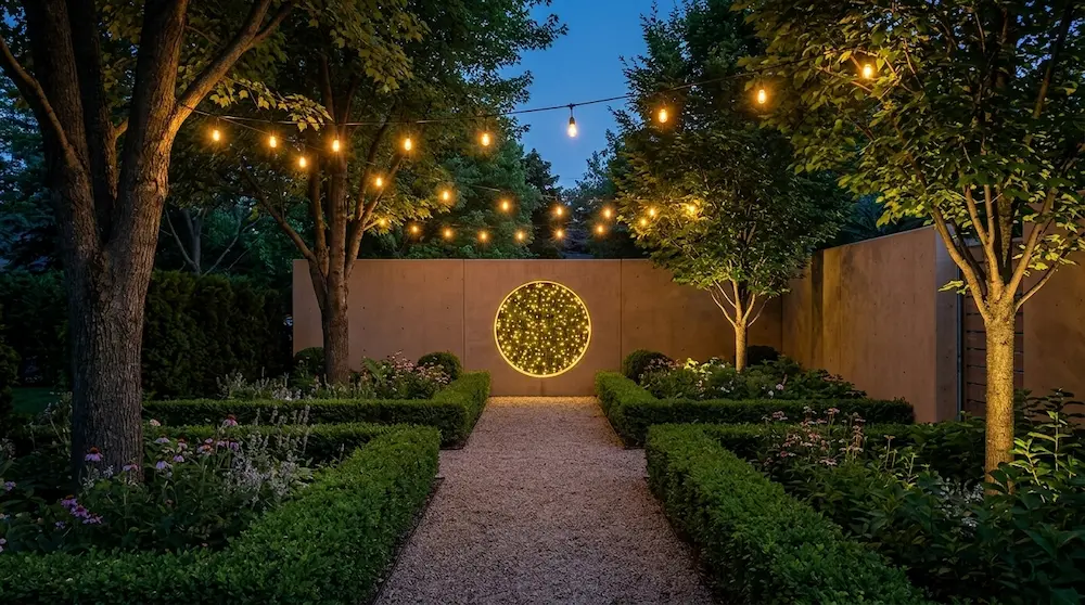 Jardín formal pequeño iluminación nocturna