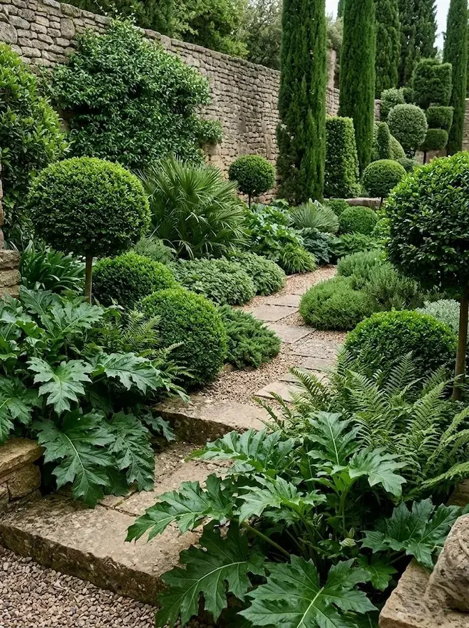 composición de jardín con color todo el año, arbustos de hoja perenne
