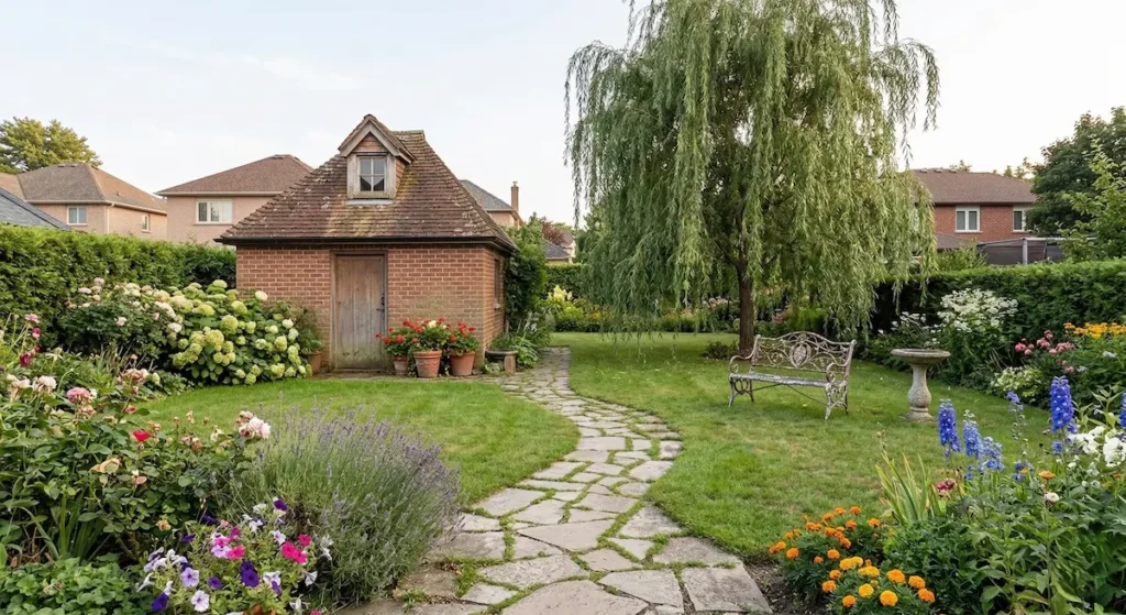 jardin tradicional con caseta de ladrillo antes de la reforma