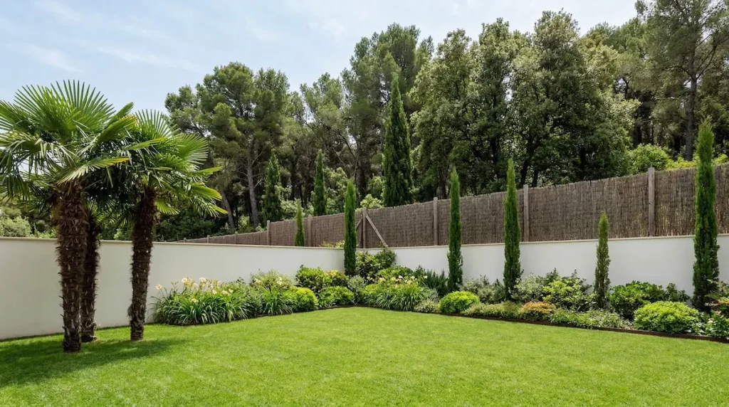 macizos de zrbustos rematando con muro , cipreses y palmeras integradas en pradera