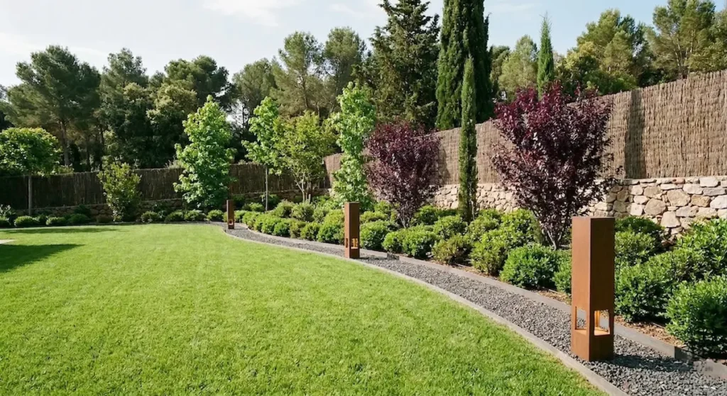 Muro de piedra seca artesanal integrado con plantas de follaje verde, ejemplo de arquitectura silenciosa en paisajismo.
