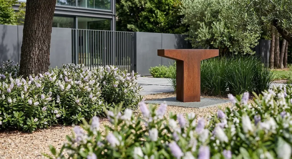 Sendero sinuoso de grava rodeado de vegetación naturalista y arbustos verdes, integrando el camino en el paisaje.