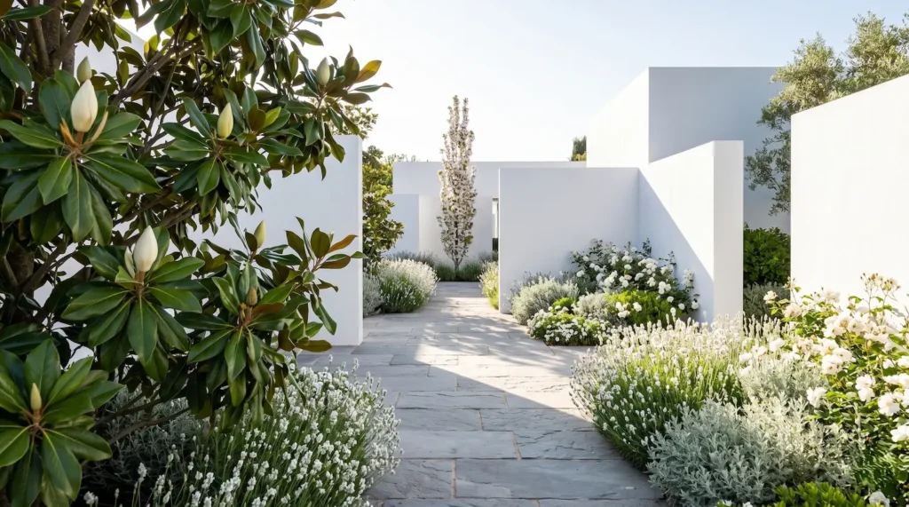 Prunus 'Amanogawa' y la Magnolia grandiflora no compiten, sino que puntúan el espacio en planos distintos, creando una profundidad que invita al recorrido visual. El pavimento en gris ceniza actúa como un plano neutro