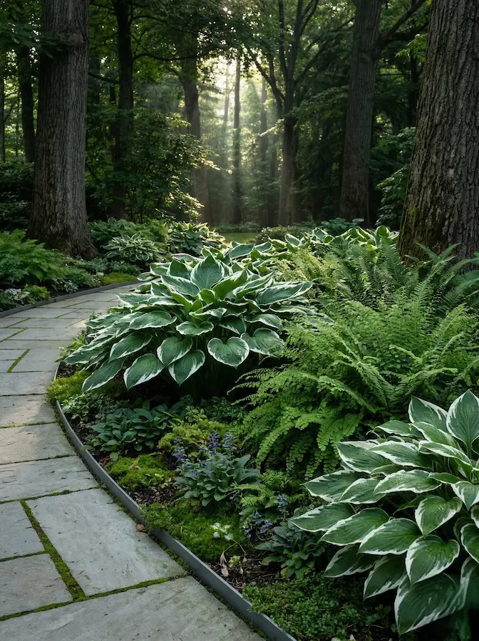 Helechos y hostas, especies que aporten ligereza y profundidad.