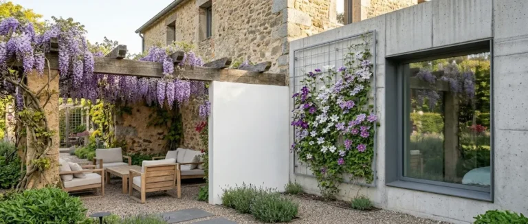 trepadoras en pérgola y pared, glicinia y clemátide
