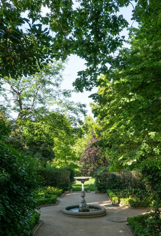 paseo entre la sombra con fuente de piedra en el centro
