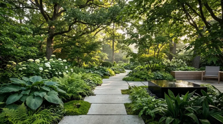 Vista panorámica de un jardín de diseño con sombra profunda, con camino de piedra clara y luz filtrada por árboles maduros.