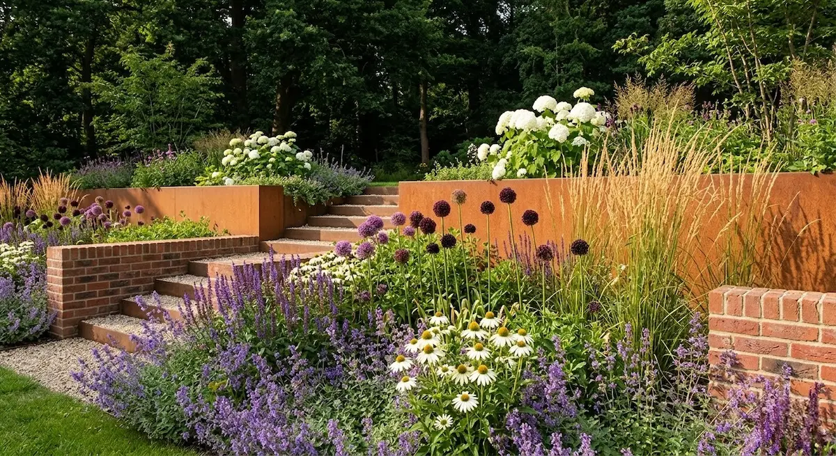 muretes de acero Corten para aterrazar la pendiente es un acierto tanto estético como funcional