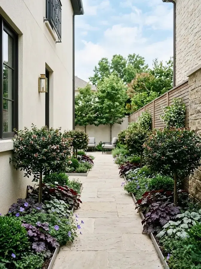 composición de arriates en jardín urbano con repetición de especies