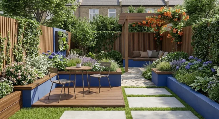 Jardín de 120 m2 con pérgola de madera al fondo, jardineras corridas y pintadas en azul cobalto y elementos de madera tratada