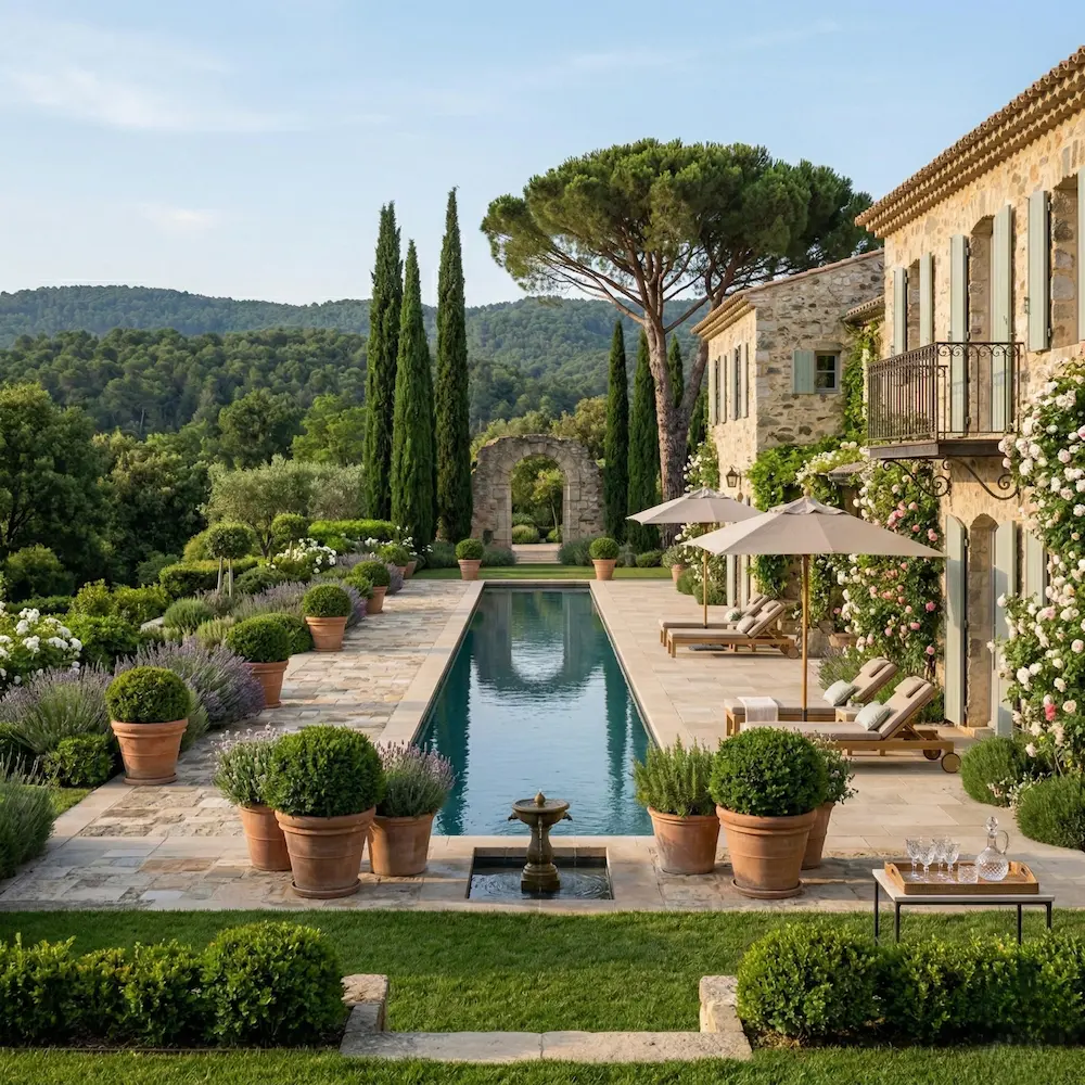 jardín con piscina alargada con vegetación mediterránea destacando cipreses al fondo