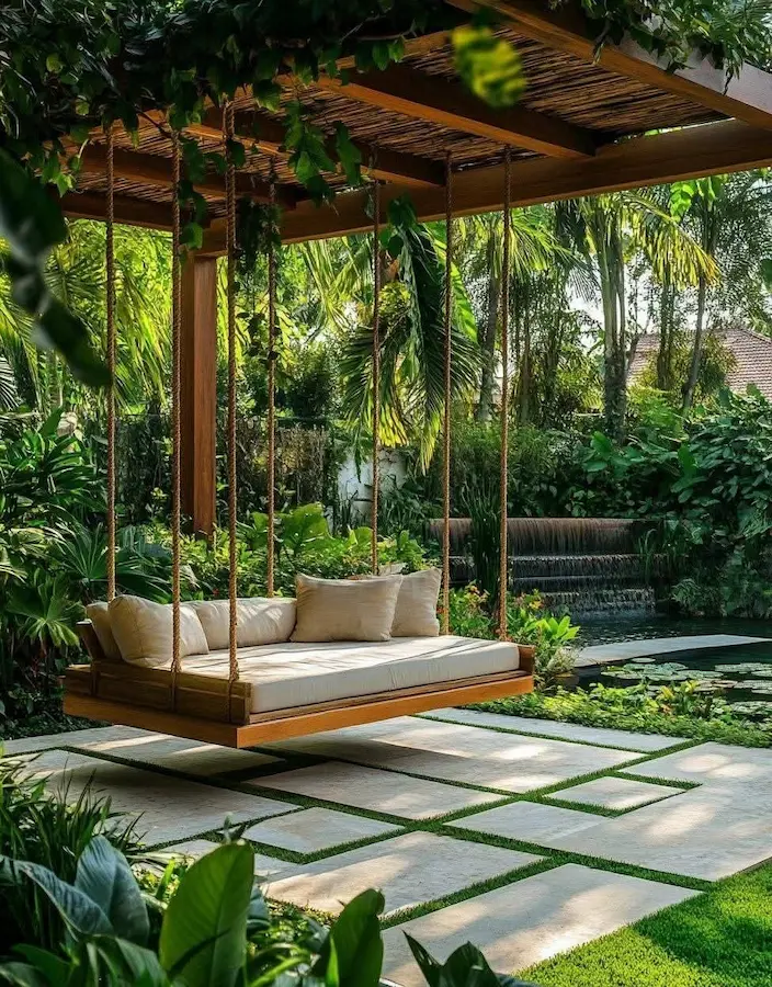 porche chalet con sombra natural y columpio