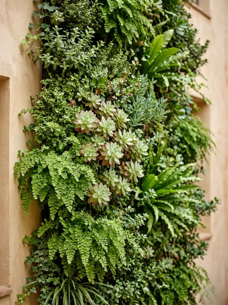 jardín vertical en jardín peque´ño jardinesconestiloblog Muro botánico denso con Sedum palmeri y helechos conformando un jardín vertical de excelencia que aporta un vibrante nexo vegetal sin restar metros