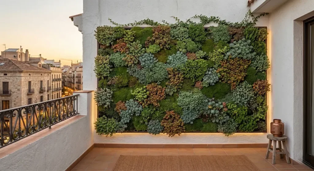 Jugando con diferentes texturas y colores de plantas crasas y musgos, crearás la sensación de tener una "pradera" en la pared