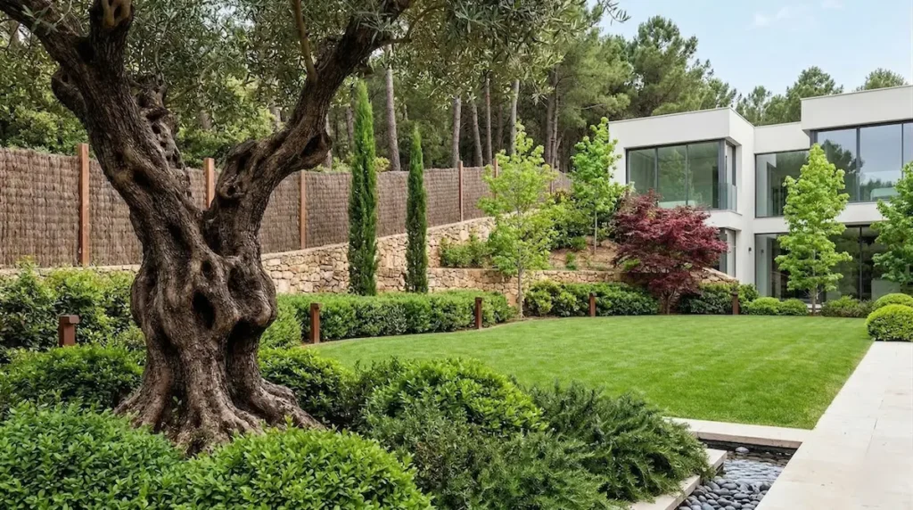 Escalones de piedra natural salvando un desnivel en un jardín de estilo monte bajo con vegetación envolvente.