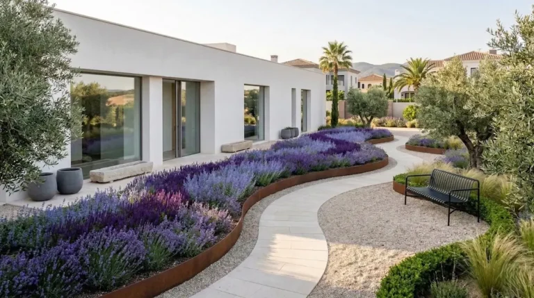 jardín mediterráneo con chalet de color blanco líneas rectas, rompe la monotonía con camino sinuosos, y borduras de plantas con tonalidades azuladas