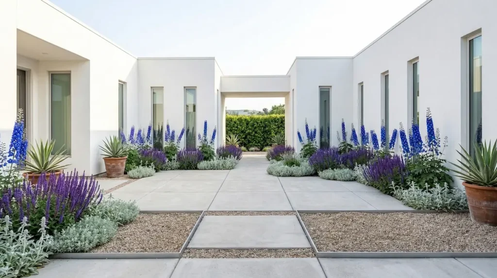 altas espigas de Delphiniums (espuelas de caballero) azules y salvias moradas elevándose contra ese fondo claro
