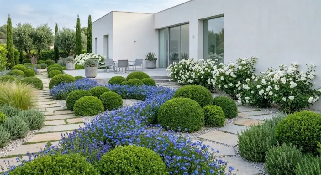 jardín estilo mediterrano aplicando movimiento y colores azules y blancos