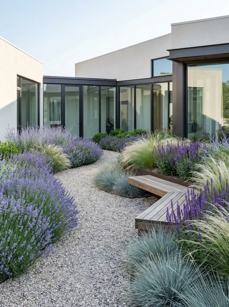 Camino de grava curva que serpentean entre lavandas, salvias y gramíneas ornamentales ligeras.