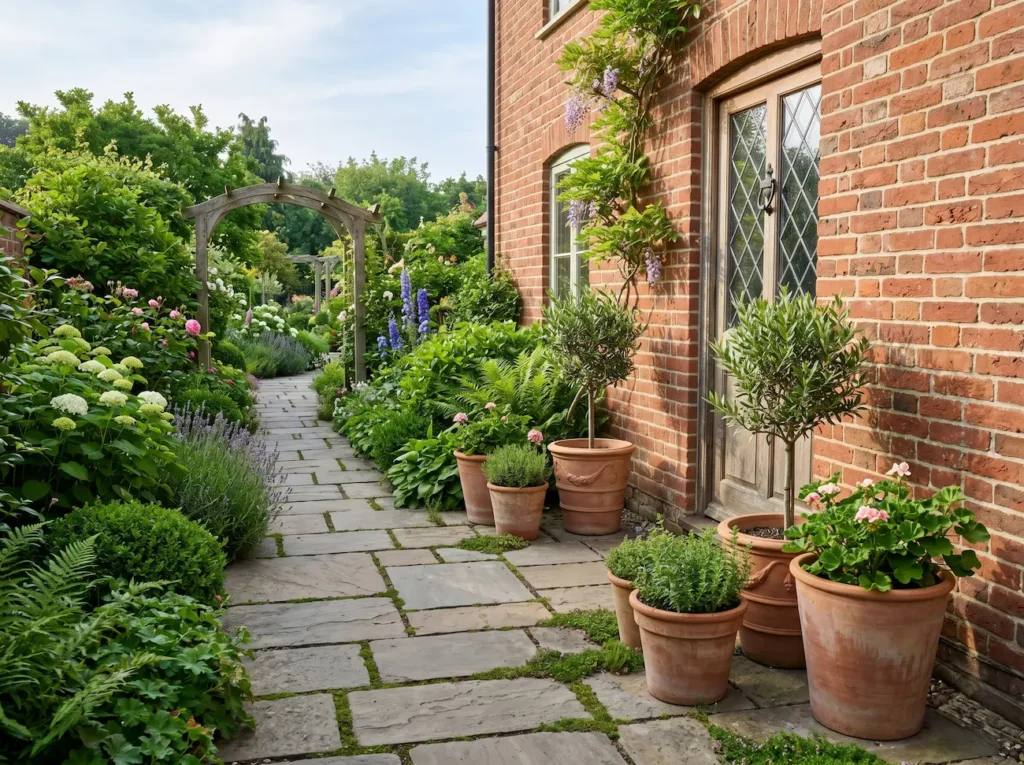 Ejemplo de jardines con encanto, mostrando una integración paisajística de calidad entre pavimentos de piedra y elementos arquitectónicos clásicos.