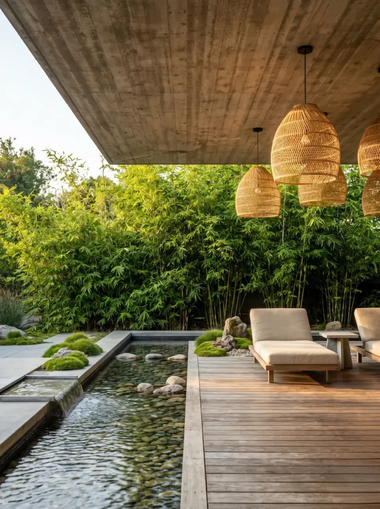 Espacio exterior combinando hormigón y madera con lámparas de fibras naturales, un referente de estándar profesional.
