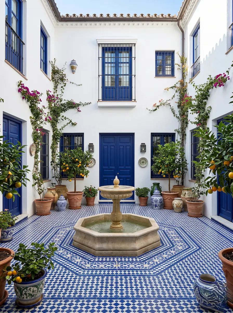 Mosaico geométrico y fuente tradicional en un patio andaluz, elementos fundamentales para diseñar jardines con encanto y calidad atemporal.