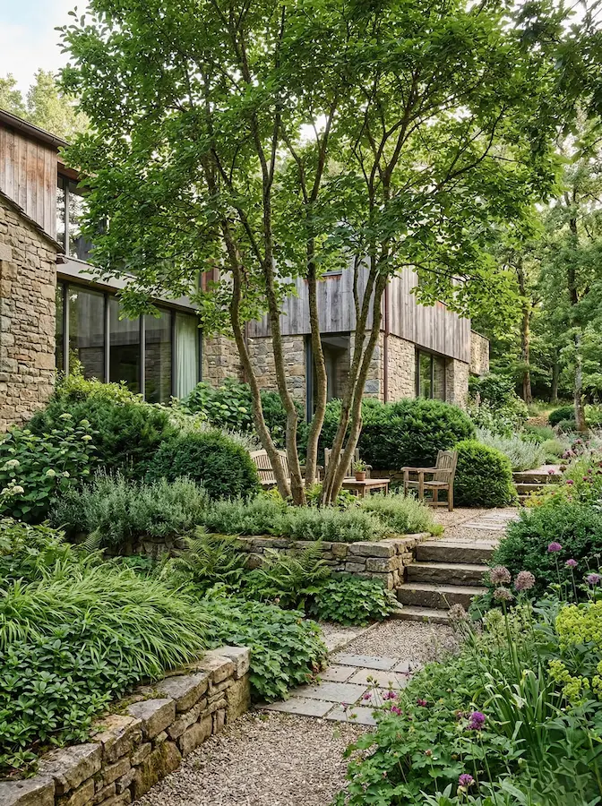 jardín con desniveles con aterrazamiento en jardineras de obra con plantas en armonía.