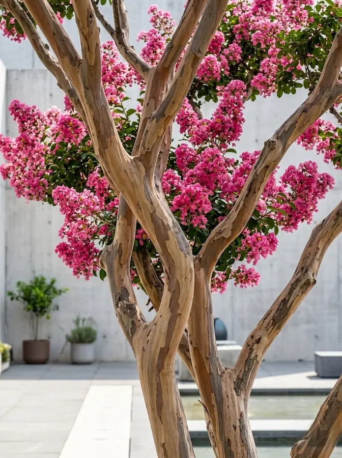 árbol de múltiples focos de interés. Durante el verano, aporta grandes panículas de color, pero en invierno, cuando pierde la hoja, su estructura de troncos múltiples actúa como una escultura orgánica.