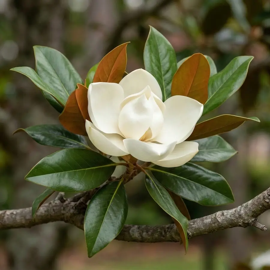 magnolia grandiflora detalle de flor y hojas