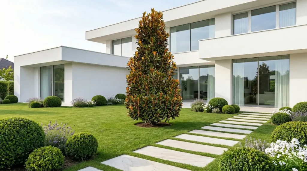 magnolia grandiflora ejemplar protagonista en jardín con césped y bolas de boj