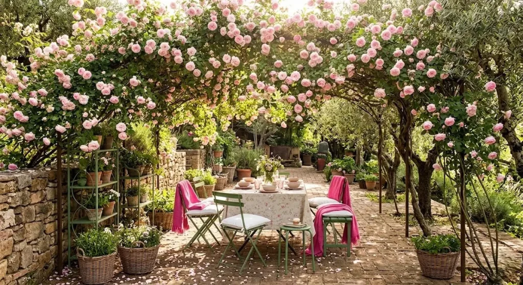 Aprovechar el crecimiento de rosales trepadores sobre estructuras ligeras crea espacios de una intimidad difícil de igualar.
