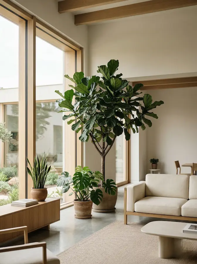 ficus lirata y sanseiviera en salón con gran ventanal