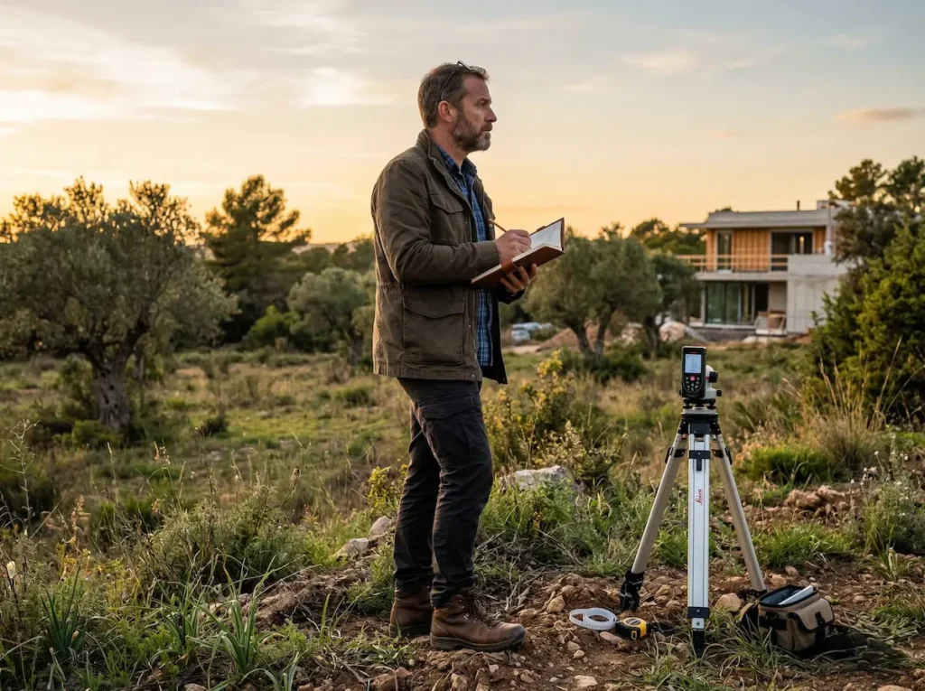Paisajista profesional realizando mediciones y tomando notas en un terreno rústico mediterráneo antes de iniciar un proyecto de diseño exterior.