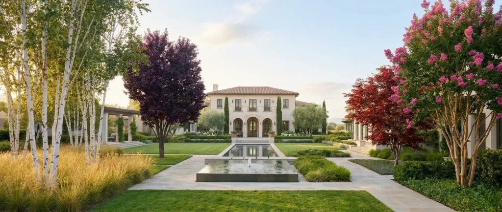 jardín compuesto por árboles de singular colorido y estructura en el jardín