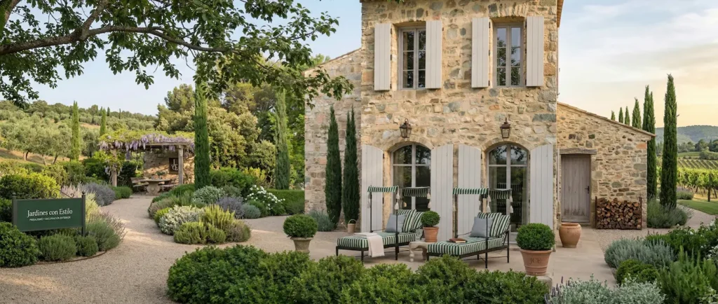 vista panoramica de entra a casa de campo flanqueada por cipreses y vegetación mediterránea