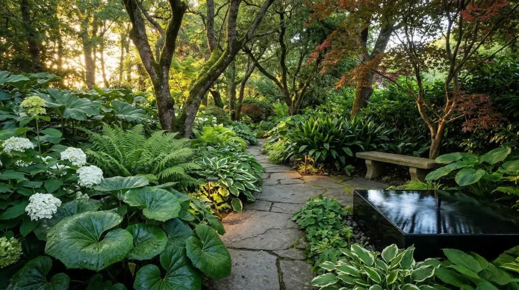 Impresionante vista panorámica de un diseño de jardín con sombra profunda, camino de piedra natural y vegetación exuberante con Farfugium y helechos bajo luz filtrada.