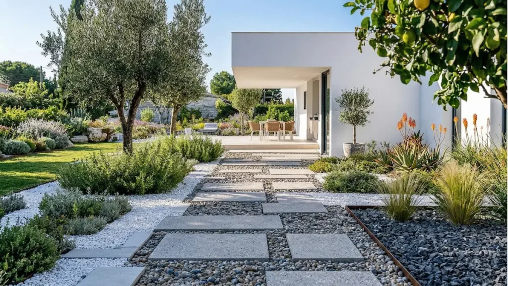 combinación de áridos en jardín sostenible