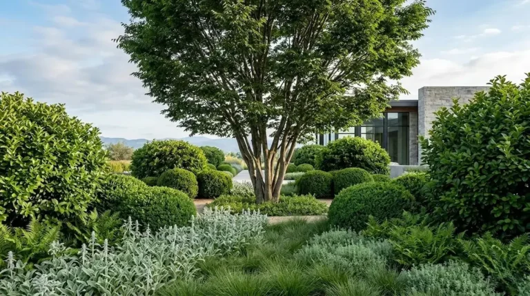 Diseño paisajístico profesional con árboles de sombra, masas de arbustos estructurados y praderas naturales que muestran equilibrio y escala.