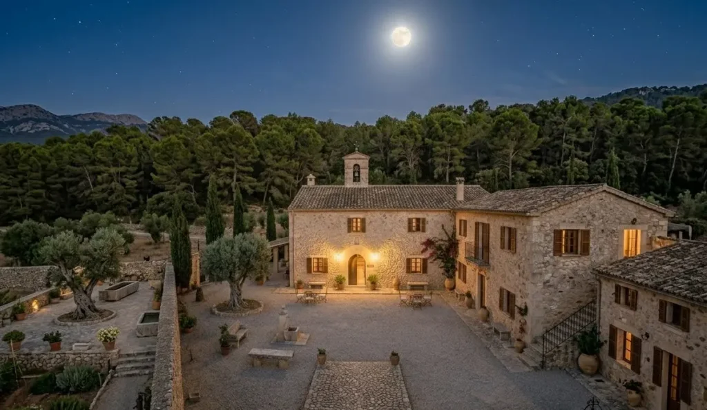panorámica villa en Mallorca construcciones en piedra caliza con bosque de pinos al fondo