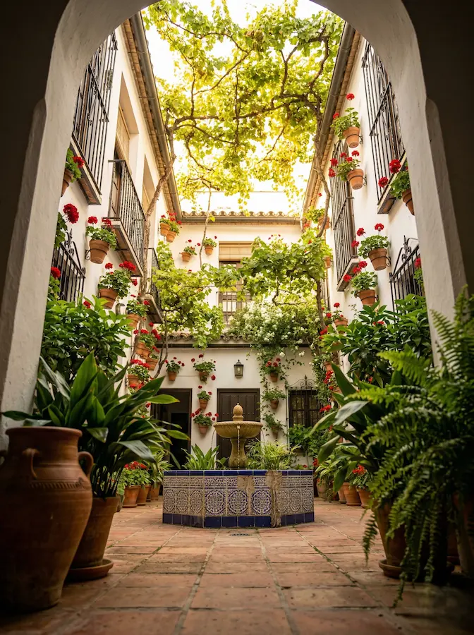 suelo de gres en patio andaluz con fuente en el centro y pleno de macetas con geranios en las paredes