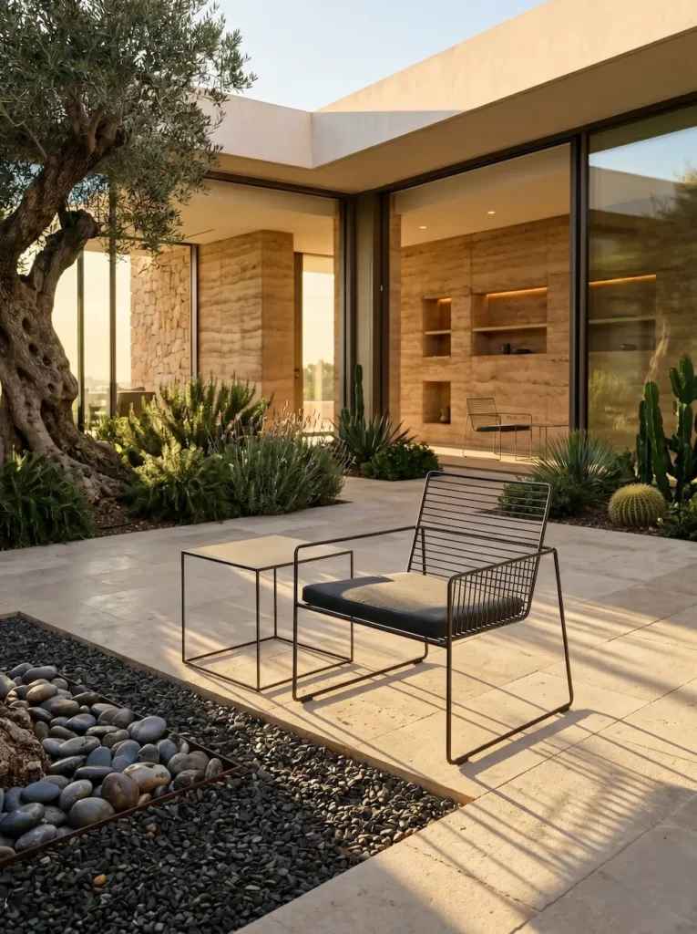 patio ingles en chalet jardinesconestiloblog Butaca de estructura metálica permeable a la luz sobre pavimento de grava ilustrando una estética contemporánea perfecta para espacios exteriores reducidos