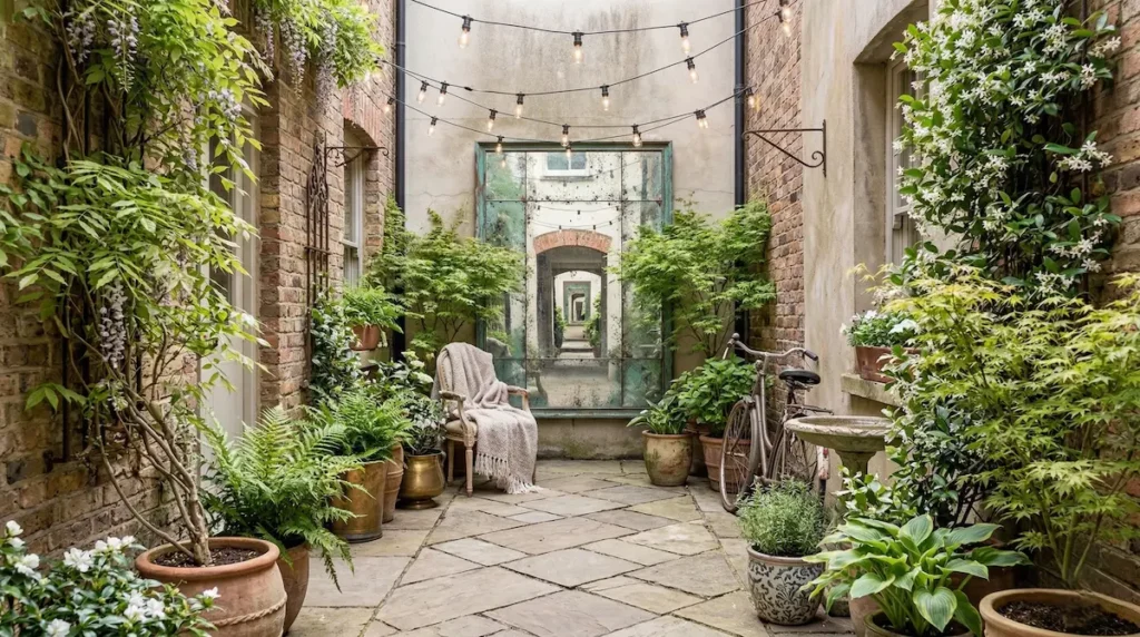 El truco definitivo es instalar un gran espejo de estilo envejecido en la pared del fondo