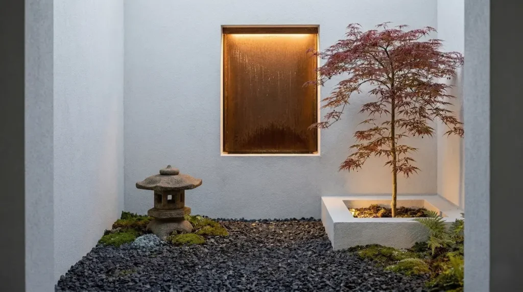 patio interior zen con arce japonés juego de agua sobre acero corten y linterna sobre arido gris