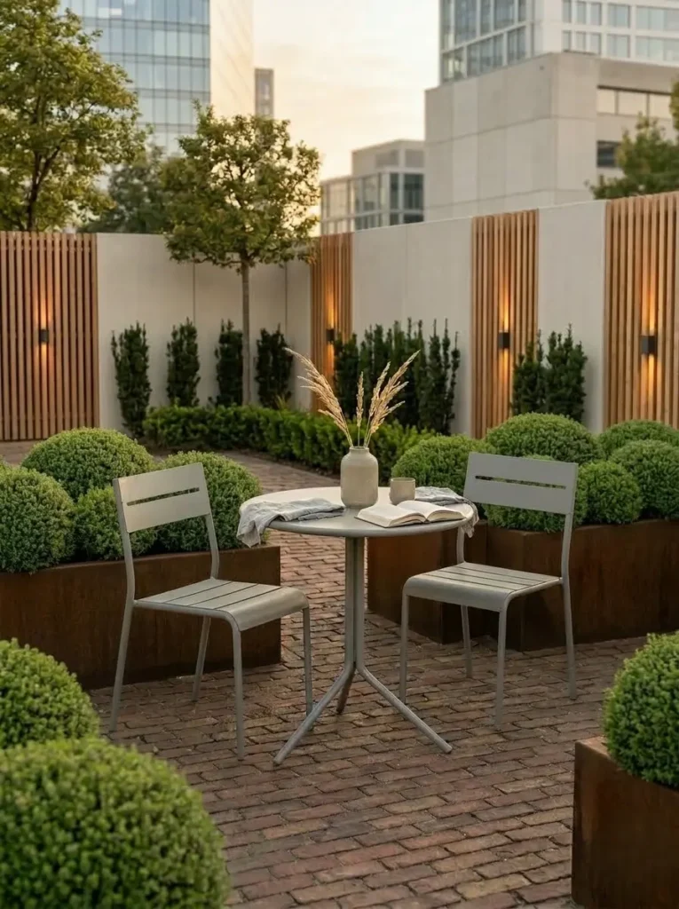 maceteros de acero Corten albergan una composición vegetal minimalista, donde los arbustos de porte redondeado crean un ritmo visual constante.