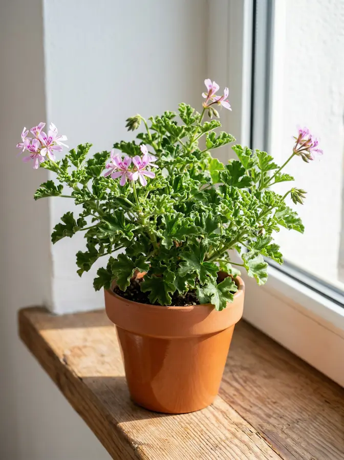 pelargonium crispum en maceta terracota en alfeizar